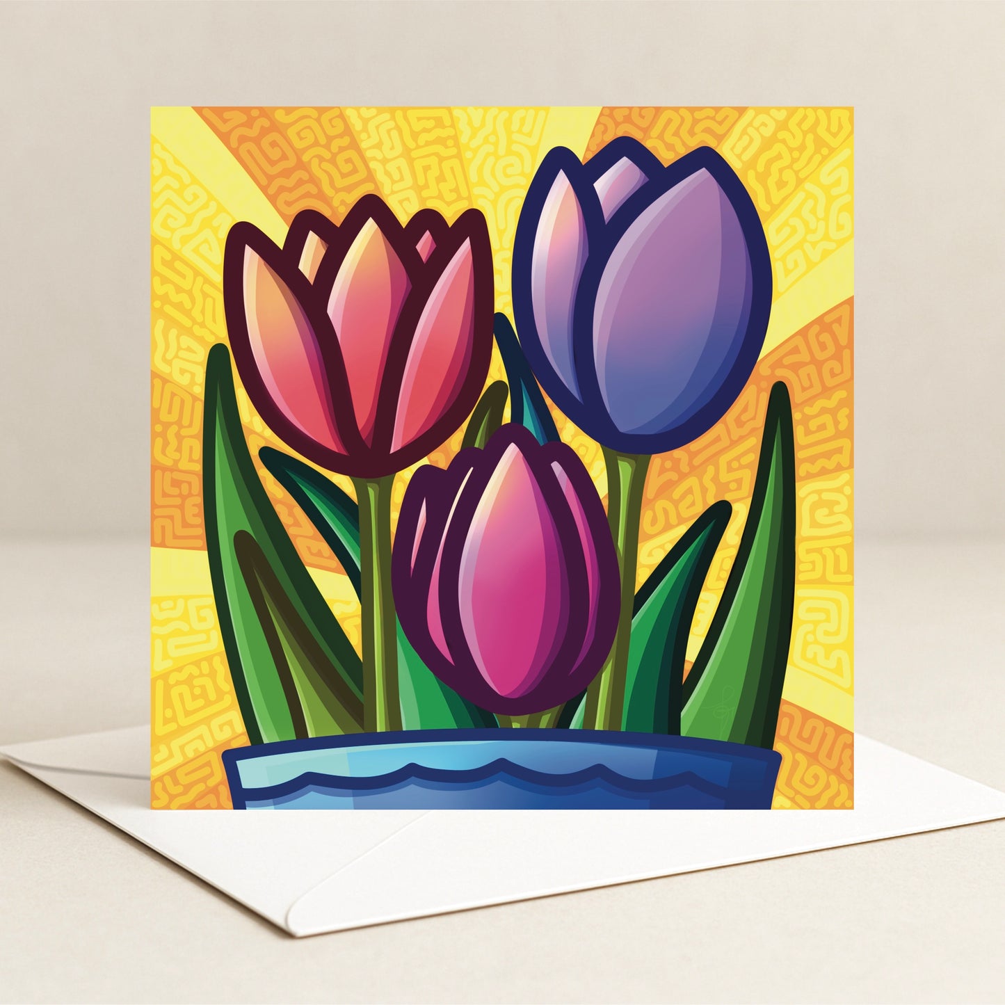 Greeting Card -  Bold Tulip Vase - Colourful Floral Illustration