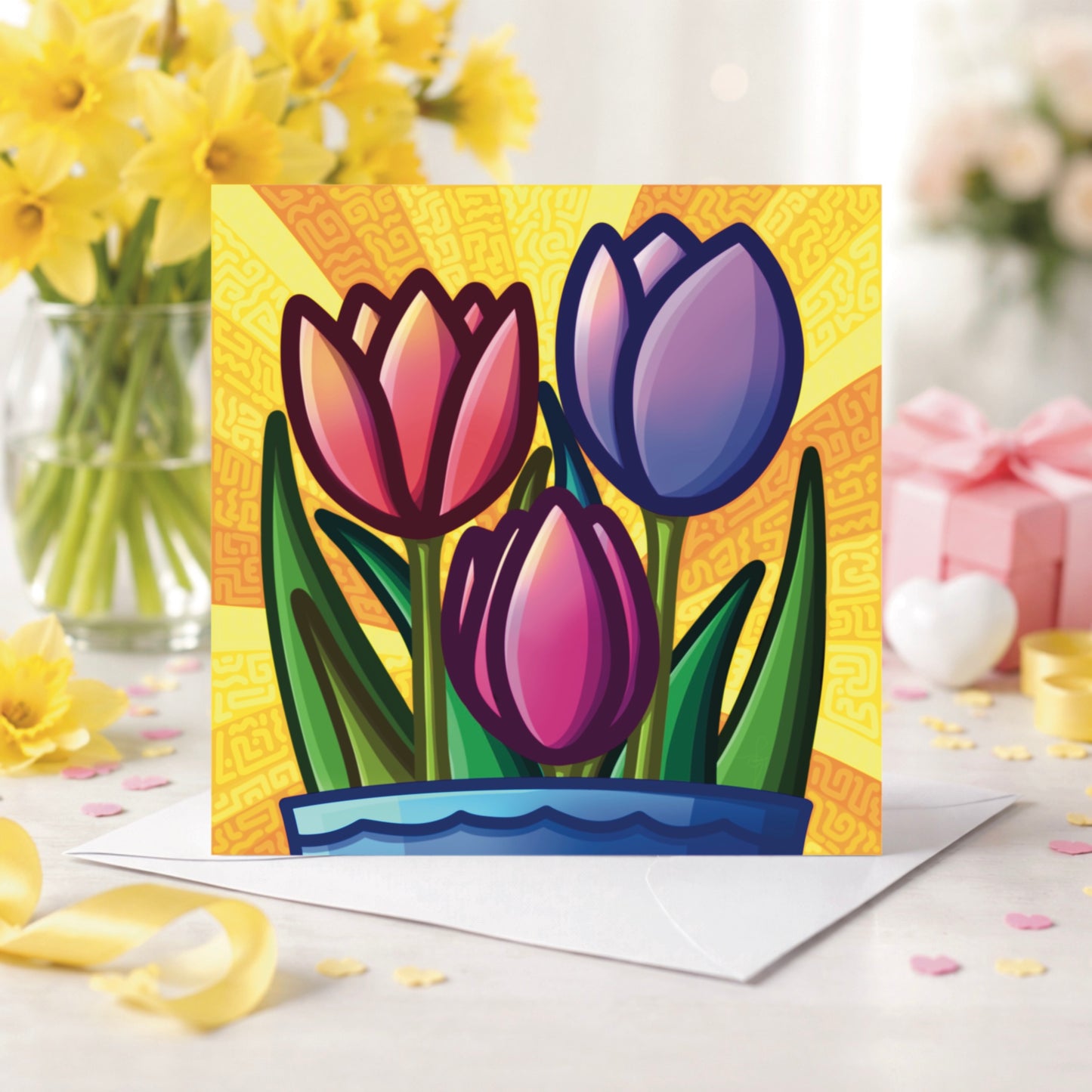Greeting Card -  Bold Tulip Vase - Colourful Floral Illustration