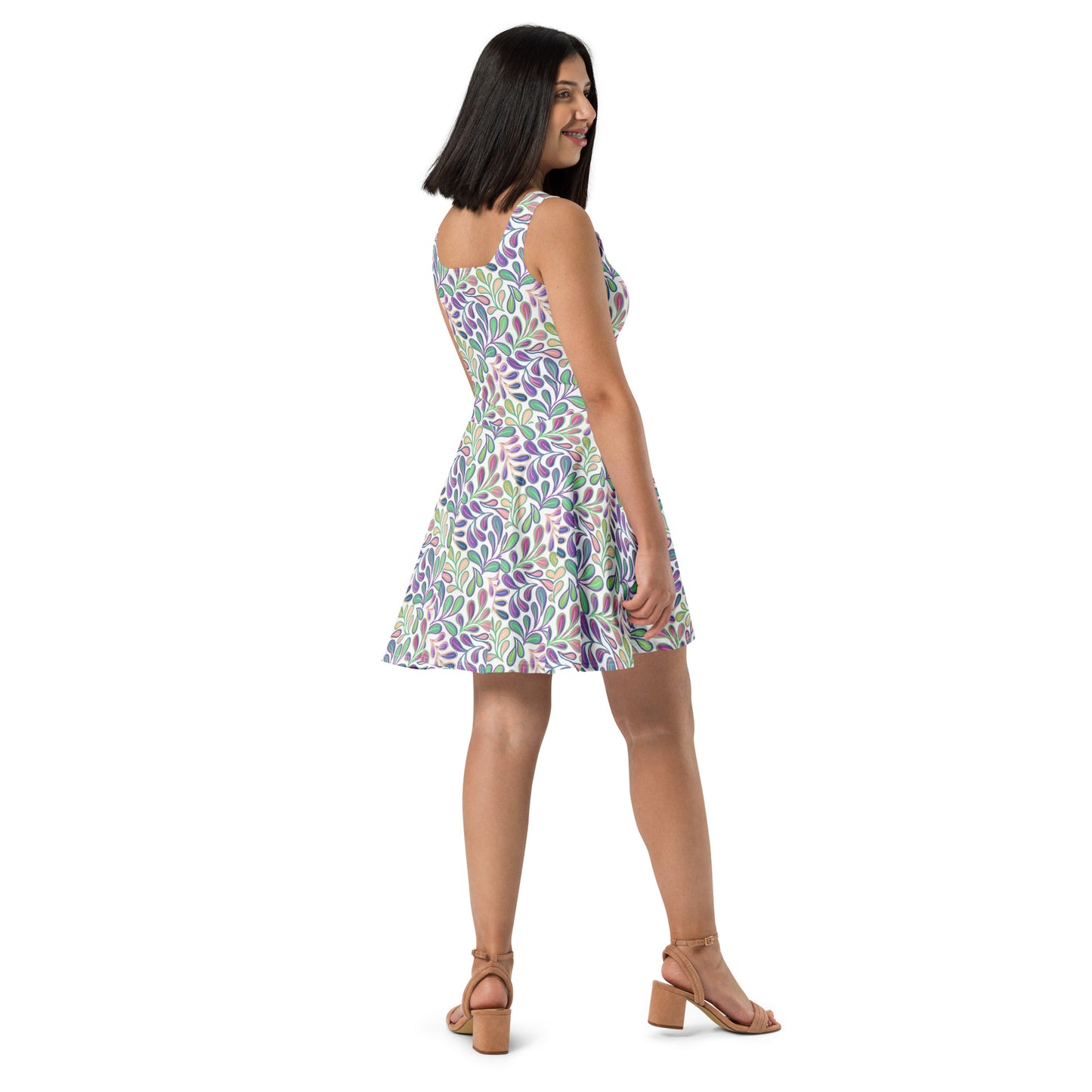 Skater Dress - Flowing Leaves - Purple, Peach and Green - Made to Order