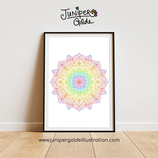 A4 Art Print - Hand-Drawn Mandala Illustration - Rainbow or Black