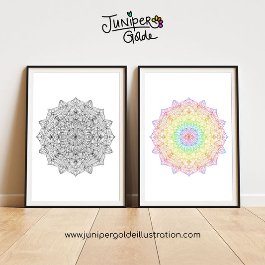 A4 Art Print - Hand-Drawn Mandala Illustration - Rainbow or Black