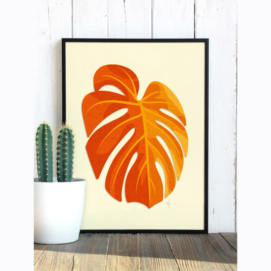 Art Print | Minimal Monstera Leaf | Warm Orange | Enhanced Matte Paper Poster | 7 Sizes