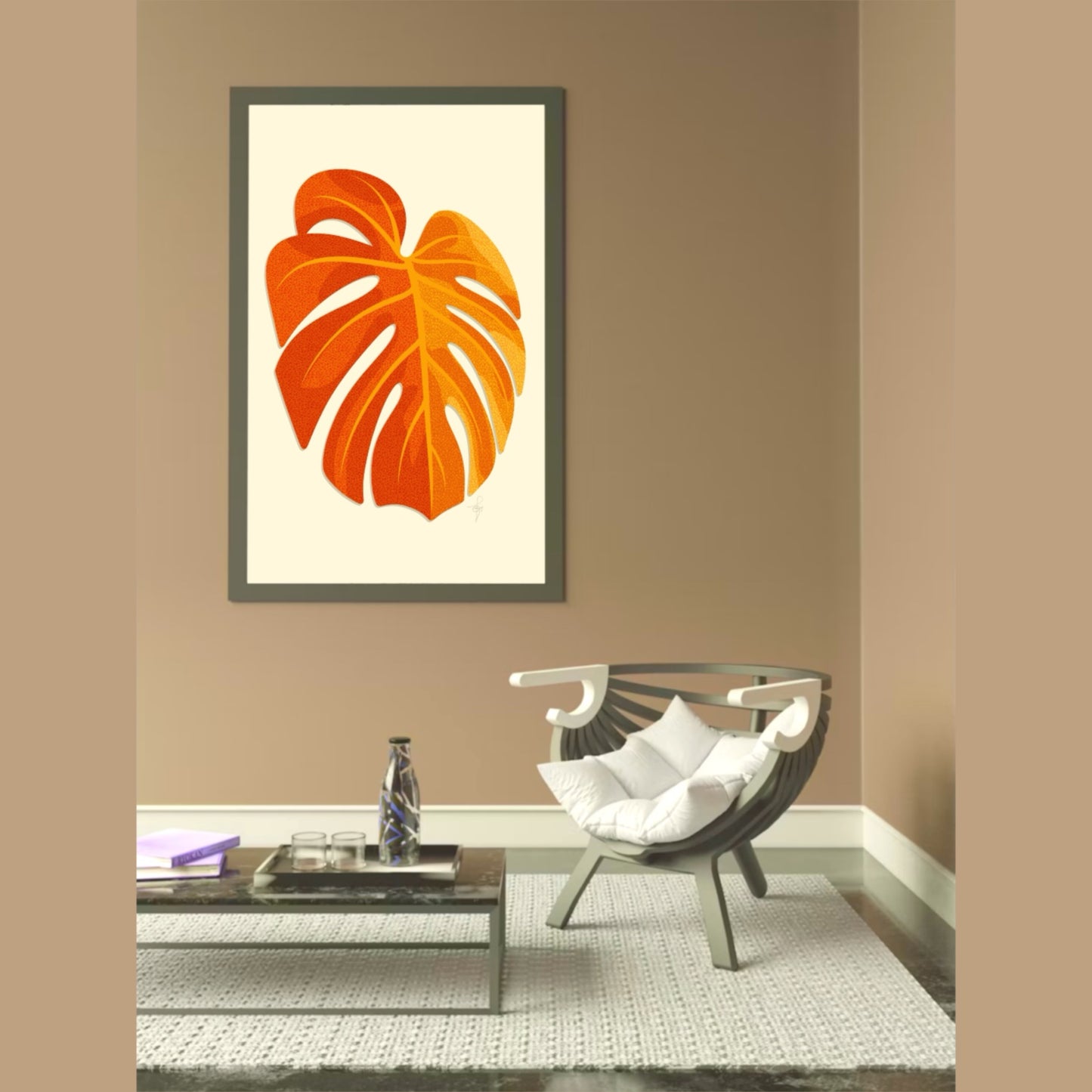 Art Print | Minimal Monstera Leaf | Warm Orange | Enhanced Matte Paper Poster | 7 Sizes