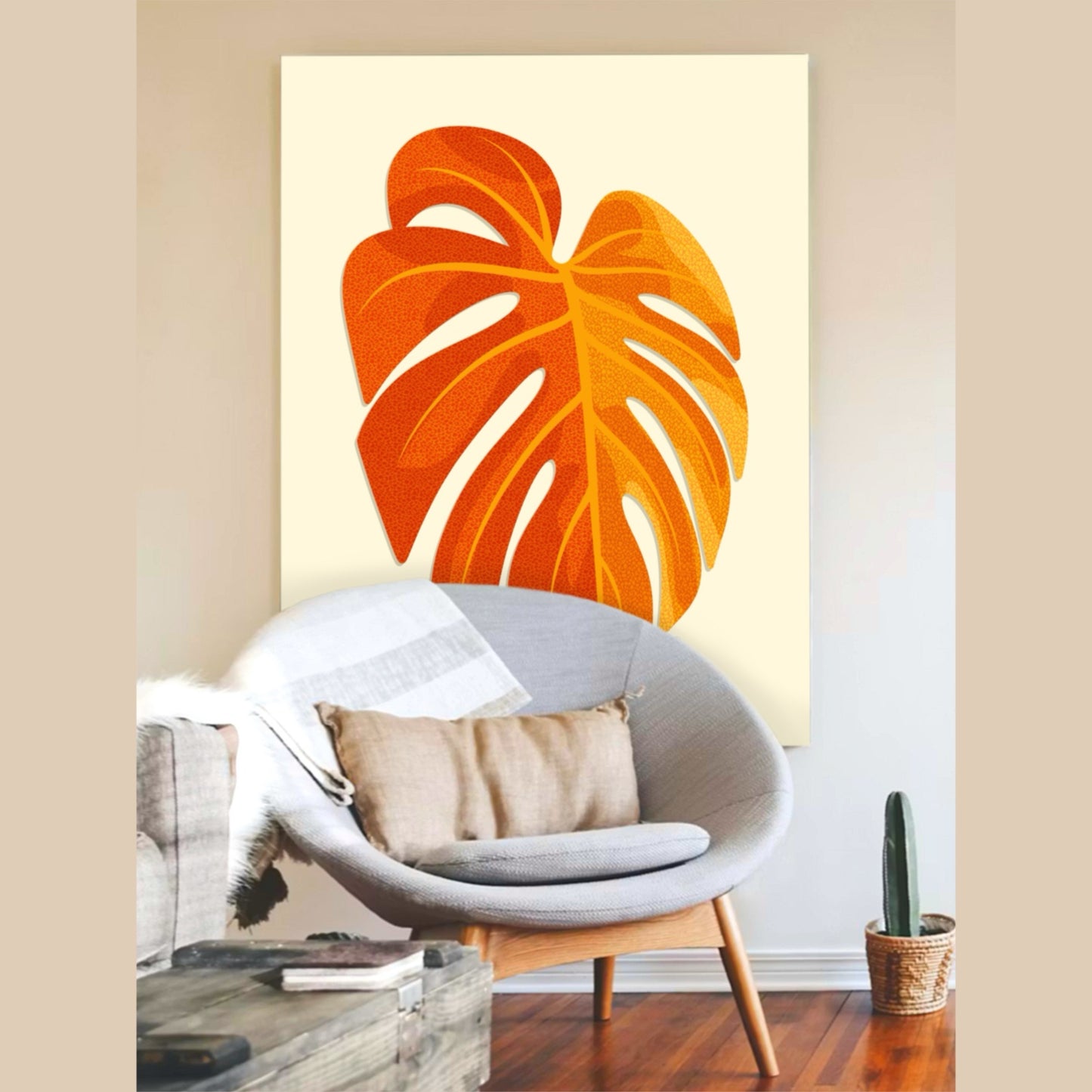 Art Print | Minimal Monstera Leaf | Warm Orange | Enhanced Matte Paper Poster | 7 Sizes