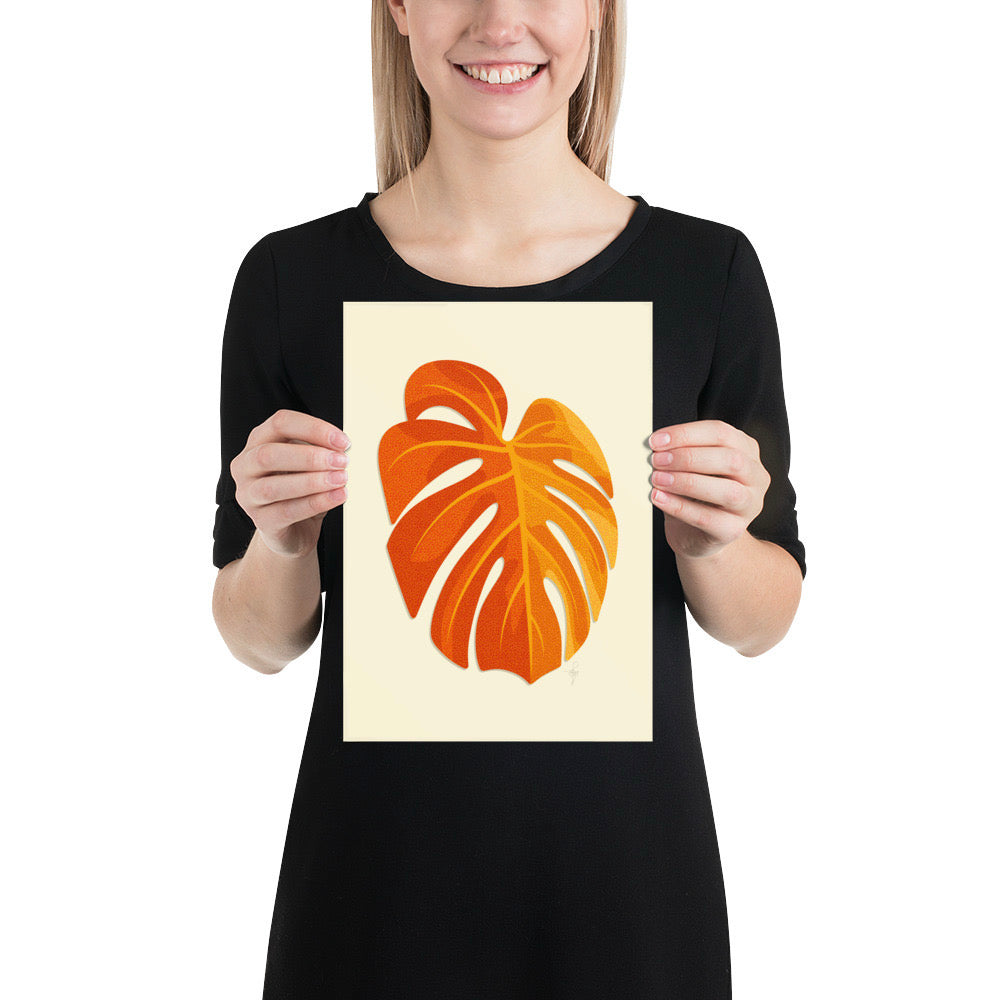 Art Print | Minimal Monstera Leaf | Warm Orange | Enhanced Matte Paper Poster | 7 Sizes