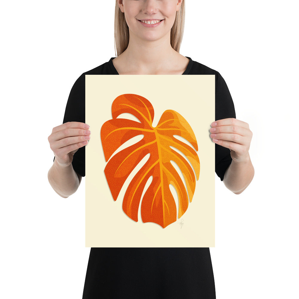 Art Print | Minimal Monstera Leaf | Warm Orange | Enhanced Matte Paper Poster | 7 Sizes