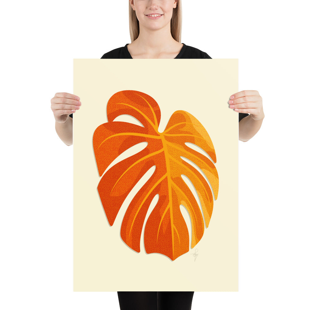 Art Print | Minimal Monstera Leaf | Warm Orange | Enhanced Matte Paper Poster | 7 Sizes