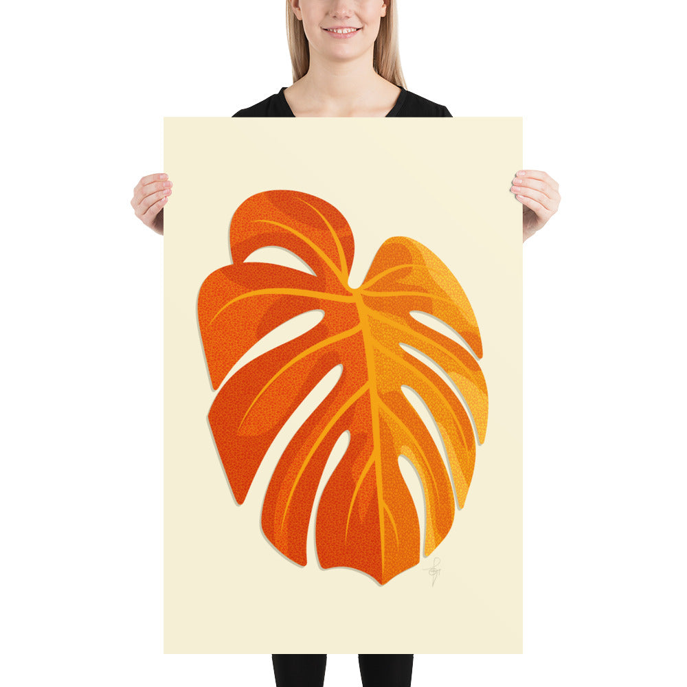 Art Print | Minimal Monstera Leaf | Warm Orange | Enhanced Matte Paper Poster | 7 Sizes