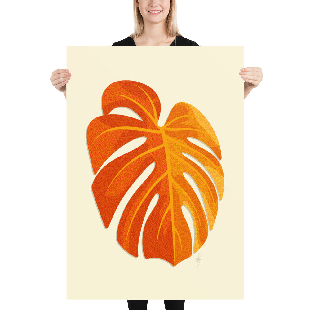 Art Print | Minimal Monstera Leaf | Warm Orange | Enhanced Matte Paper Poster | 7 Sizes